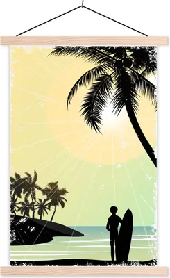Produktbild von MuchoWow® Textilposter Strand - Surfbrett - Sonne - Palmen 60x90 cm mit holzfarbenen Rahmen - Textil