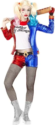 A woman dressed as Harley Quinn from Suicide Squad, holding a baseball bat.