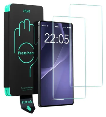 A product shot of a phone screen protector installation kit next to a smartphone and two screen protectors.