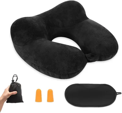 Productafbeelding van Opblaasbaar Reis Kussen, Ergonomisch Nek Kussen, met Slaapmasker en Oordoppen, Hypoallergeen, voor Vliegtuig