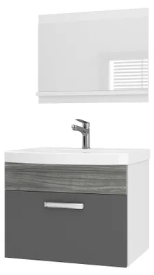 Image de Ensemble de meubles de salle de bains BELINI PRI PM1 60 cm, gris glamour brillant - Meuble de salle de bains moderne avec lavabo et miroir, équipement complet, montage mural