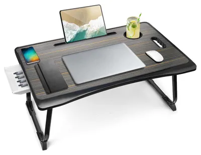 Imagen del producto de Omgoods: Soporte plegable para portátil con bandeja de almacenamiento y portavasos, ideal para desayunar en la cama