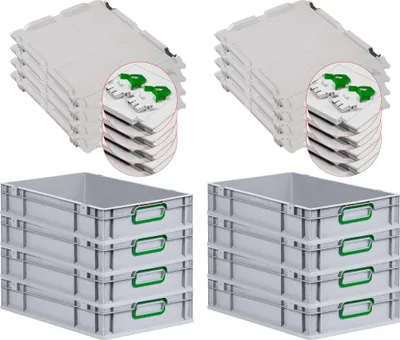 Produktbild von SuperSparSet 8x Eurobox NextGen Color mit Scharnierdeckel und Schiebeschnappverschlüssen | HxBxT 12x40x60cm | 23 Liter | Grau | Griffe grün geschlossen | Glatter Boden | Eurobehälter, Transportbox, Transportbehälter, Stapelbehälter