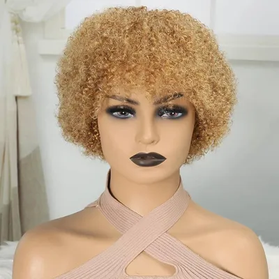 Productafbeelding van Korte, krullende afro pruik met pony voor dames - Gemaakt van echt haar, met krullen, perfect voor dagelijks gebruik