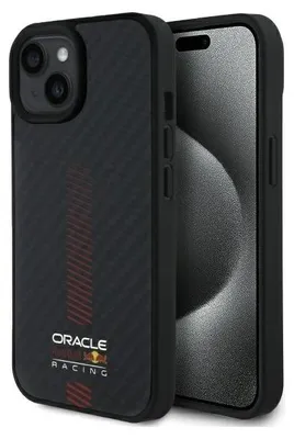 A smartphone case with Red Bull Racing branding, shown from a diagonal angle.