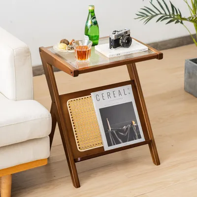 Glazen bijzettafel 50x36x56 cm, donker walnoot, salontafel
