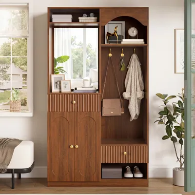 Productafbeelding van Flieks: Compacte garderobe met spiegel, zitbank, LED-strips, garderobekast met schoenenkast en haken, garderobe voor de hal, walnootkleur
