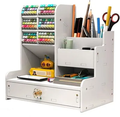 Productafbeelding van Ibenzoa® Witte houten pennenhouder met 12 vakken en een lade – multifunctionele bureauorganizer, zelfmontage