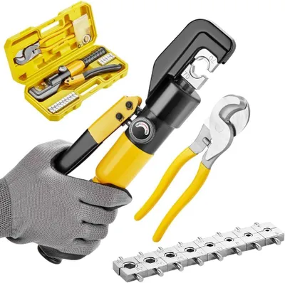Image de TEENO Pince à sertir hydraulique 10T et coupe-câble – 12 à 2/0 AWG – Pince à sertir manuelle pour bornes électriques et fils – Kit avec 9 matrices