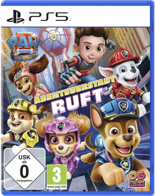 The image shows the cover art for the PS5 video game 'Paw Patrol: Der Kinofilm: Abenteuerstadt ruft'. It features several animated characters from the Paw Patrol franchise, including Ryder and the pups, in a city setting.