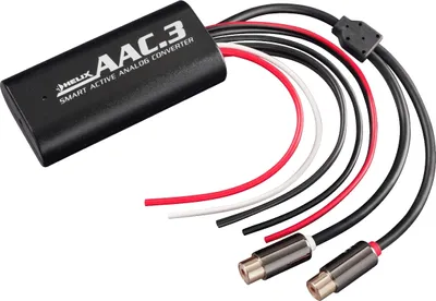 A black electronic converter device with multiple colored wires and RCA connectors, shown on a white background.