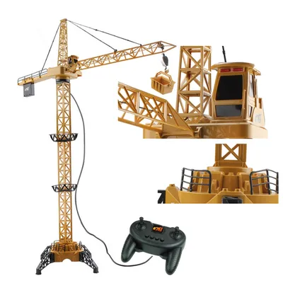 A toy construction crane with a remote control.