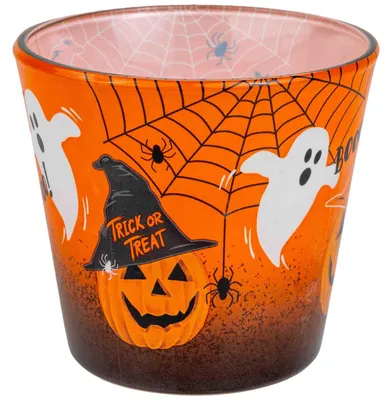Orange Duftkerze im Glas mit Halloween-Motiven: Kürbis mit Hexenhut, Gespenster, Spinnweben und Spinnen.