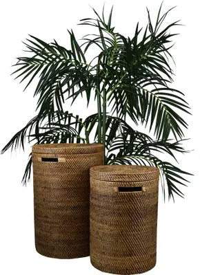 Produktbild von Wäschekorb Wäschebox mit Deckel aus 100% Ata, Rattan Palme, dekorative Unikate Aufbewahrungskorb Handarbeit natur rund, groß 60 x 40 cm