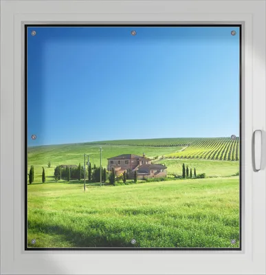 Produktbild von Wallario Lichtschutzbild, Dekorativer Sichtschutz Sonnenschutz 96 x 100 cm mit Motiv: Farm in der Toskana - Verdunklung ohne Bohren