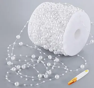 Produktbild von Perlengirlande Weiß 60 m Perlenband Perlenkette Deko mit Edelstahl Schere für Hochzeits- und Partydeko Geburtstag Taufe Tisch Deko DIY Handwerk