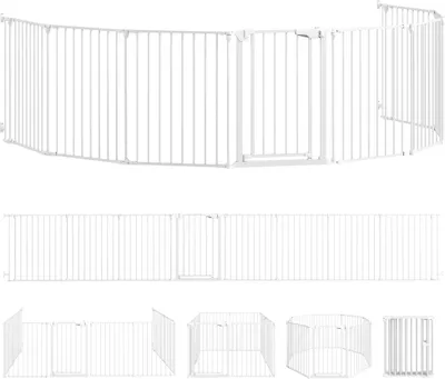 Produktbild von Haustierzaun, 8-Panel-Barriere mit Tür, faltbar, für kleine & mittelgroße Hunde, Kunststoff, Kohlenstoffstahl, Weiß