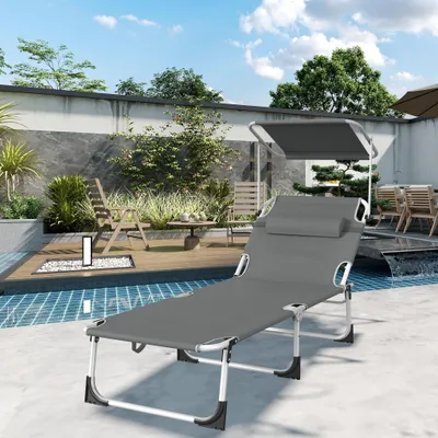 Image de UISEBRT - 2 chaises longues pliantes anthracite pour la plage et le jardin, avec auvent orientable à 360°, dossier réglable en 4 positions, tissu Oxford PE avec poche latérale
