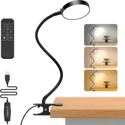 Produktbild von LED Leselampe mit Fernbedienung,9cm Durchm Schreibtischlampe USB,Schwanenhals Klemmelampe 3 Farbmodi und 5 Helligkeitsstufen,Timer,Bedienfeld