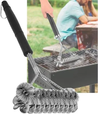 Productafbeelding van Roestvrijstalen grillreiniger met lange, geïsoleerde handgreep, geschikt voor het reinigen van gas- en houtskoolgrills, ideaal voor het onderhoud en de reiniging van barbecues