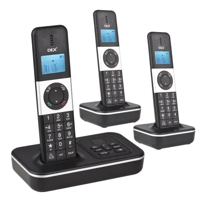 Three cordless phones are shown on their charging bases against a white background.
