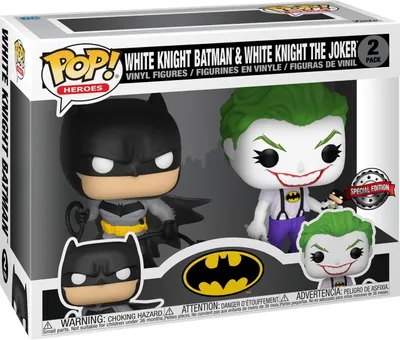 The image shows the retail packaging of a Funko Pop! 2-pack featuring White Knight Batman and White Knight The Joker.