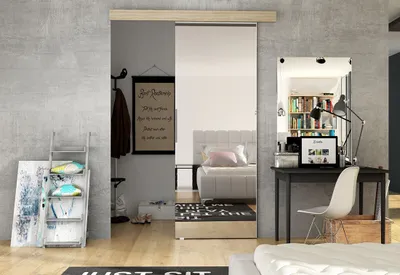 A modern bedroom with a sliding door, desk, and bed.