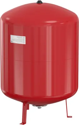 A red expansion vessel with a label on the side, standing on three legs.