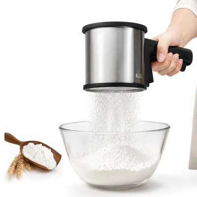 Produktbild von Edelstahl Mehlsieb mit Griff und Deckel, Puderzuckersieb feinmaschig für Backen, Kuchen, Mehl und Gewürze, praktisches Backzubehör