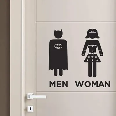 Image de Autocollants pour toilettes, WC, salle de bain. Motifs : hommes, femmes, super-héros, Batman, "Wunder" (peut-être une référence à "Wunderkind" ou un nom propre). Autocollants muraux