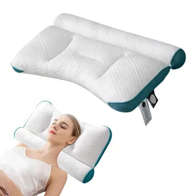 Produktbild von TWSOUL, Orthopädisches & Ergonomisches Kissen für Nackenschmerzen & Nackenstütze, Seitenschläfer, Blau, 60 x 40 cm, Doppelseitiges Höhendesign, Polyesterfaser mit Federsamt-Füllung, Hautfreundlich & Antiallergen