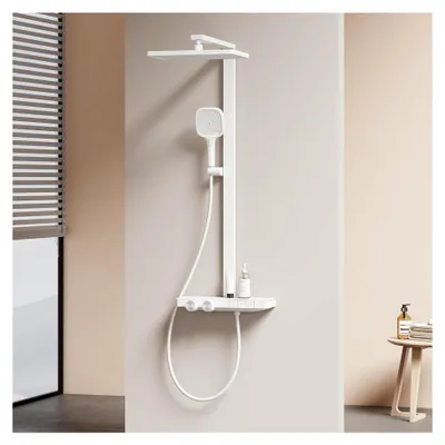 Produktbild von Duschsystem mit Thermostat 38℃, Regendusche und Handbrause mit 4 Strahlarten, einstellbarer Durchfluss, wassersparendes Brauseset mit XXL Regendusche, KTW-, Weiß