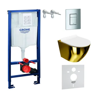 Produktbild von GROHE Vorwandelement Solido + Wand Hänge WC Sofi Slim Gold/Weiß Spülrandlos + WC-Sitz SoftClose | Verchromter Knopf | Komplettset | Unterputz Spülkasten |  Toilette Komplett Sett