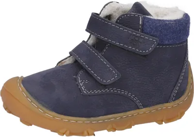 A single blue boot with a brown sole and white stitching, set against a white background.