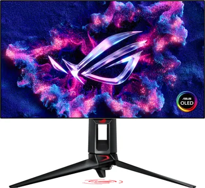 A gaming monitor on its stand, with a colorful abstract image on the screen.