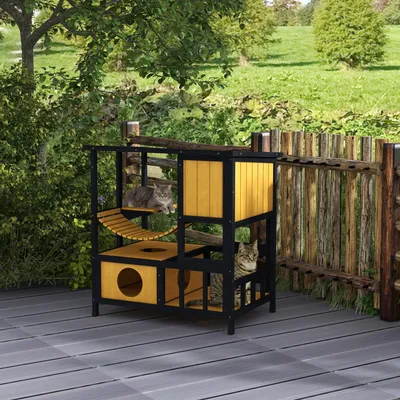 Produktbild von Katzenhaus Katzenhütte Katzenhöhle, wetterbeständig, 1 Rampe, 1 Plattform, 84,5 x 60 x 88 cm, Grün + Natur, Gelb, für Haustiere