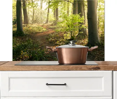 Produktbild von KitchenYeah®  Spritzschutz Küche - Küchenrückwand - Wandschutz für Herd und Spüle - Wald - Bäume - Weg - Sonne - Pflanzen - Laub - Natur 90x60 - Alu-Dibond (Alternative zum Spritzschutz aus Glas) - Hi