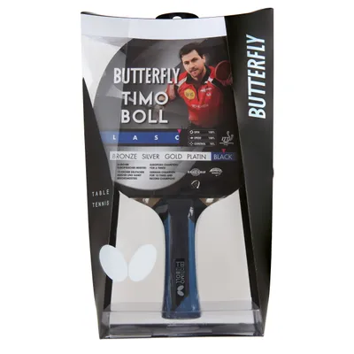 A table tennis racket in its packaging, featuring a picture of the player Timo Boll.