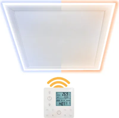 Immagine prodotto di Riscaldatore da soffitto a infrarossi Heidenfeld HF-HP500 | Con luce bianca fredda/calda - Fino a 10 m² - Telecomando - Cornice LED - Dimmerabile - Lampada - Riscaldatore (390 Watt)