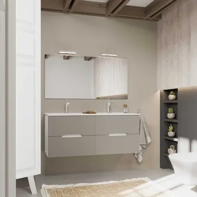 A modern bathroom with a double vanity, mirror, and shelving.