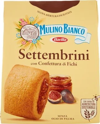 The image shows the packaging of Mulino Bianco Settembrini cookies with fig jam.