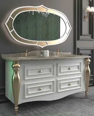 Produktbild von Casa Padrino Luxus Barock Badezimmer Set Weiß / Grau / Gold - 1 Waschtisch mit 4 Schubladen und 2 Waschbecken und 1 Wandspiegel - Prunkvolle Badezimmermöbel