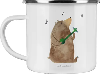 Produktbild von Mr. & Mrs. Panda Teetasse Bär Lied - Weiß - Geschenk, Emaille Tasse, Valentinstag, Teebecher, blechbecher, Herz, Teddy, Pott, Liebe, Spruch, Frau, emaillebecher