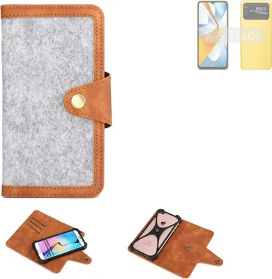 Produktbild von K-S-Trade Handyhülle kompatibel mit Xiaomi Poco C40 Schutzhülle Filz-Hülle Kunst-Leder hellgrau braun (1x)