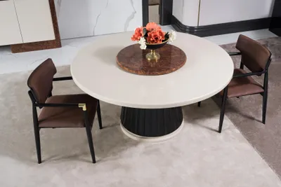 Immagine prodotto di Set per sala da pranzo moderno: tavolo da pranzo + 4 sedie. Tavolo in legno, sedie imbottite. Set da 5 pezzi.