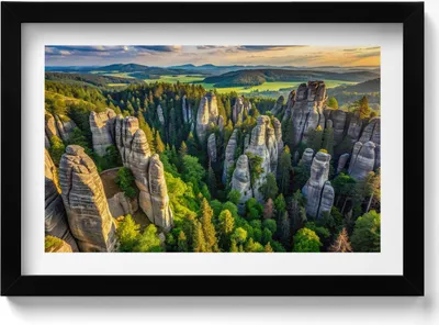 Produktbild von Landschaft mit malerischen Bergen und Wäldern aus der Vogelperspektive– Wandbild mit Rahmen – Gerahmtes Bild  – Wanddekoration – 30x20 cm –  Schwarz Rahmen