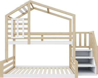 Produktbild von Etagenbett mit Fenster Geländer Stufentreppe zur Aufbewahrung Kinderbett Hausleiste Jugendbett Kiefernholz 90*200cm Natur