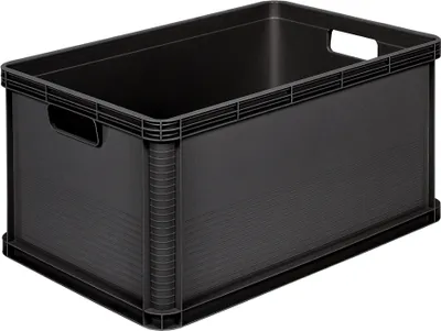 A black plastic storage box is shown from a three-quarter angle against a white background.