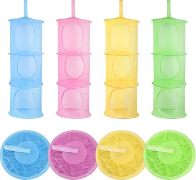 Four hanging mesh organizers in different colors, each with three tiers, are displayed along with their folded counterparts.