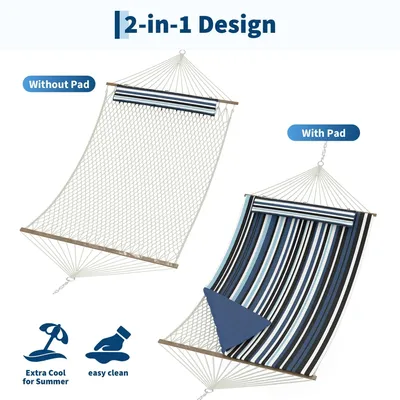 Zdjęcie produktu dla Hamak dwuosobowy - 350 cm - Wbudowana, wyściełana poduszka - Materiał poliestrowy, pikowany - Listwy drewniane - Dla 2 osób - Niebieski